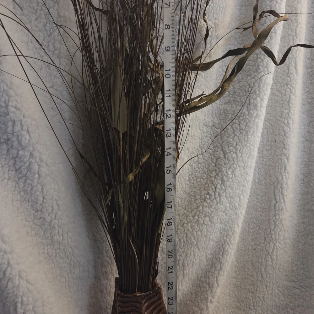 Vintage Carved Wood Table Vase w/ Dried Grass | Boho Accent Decor